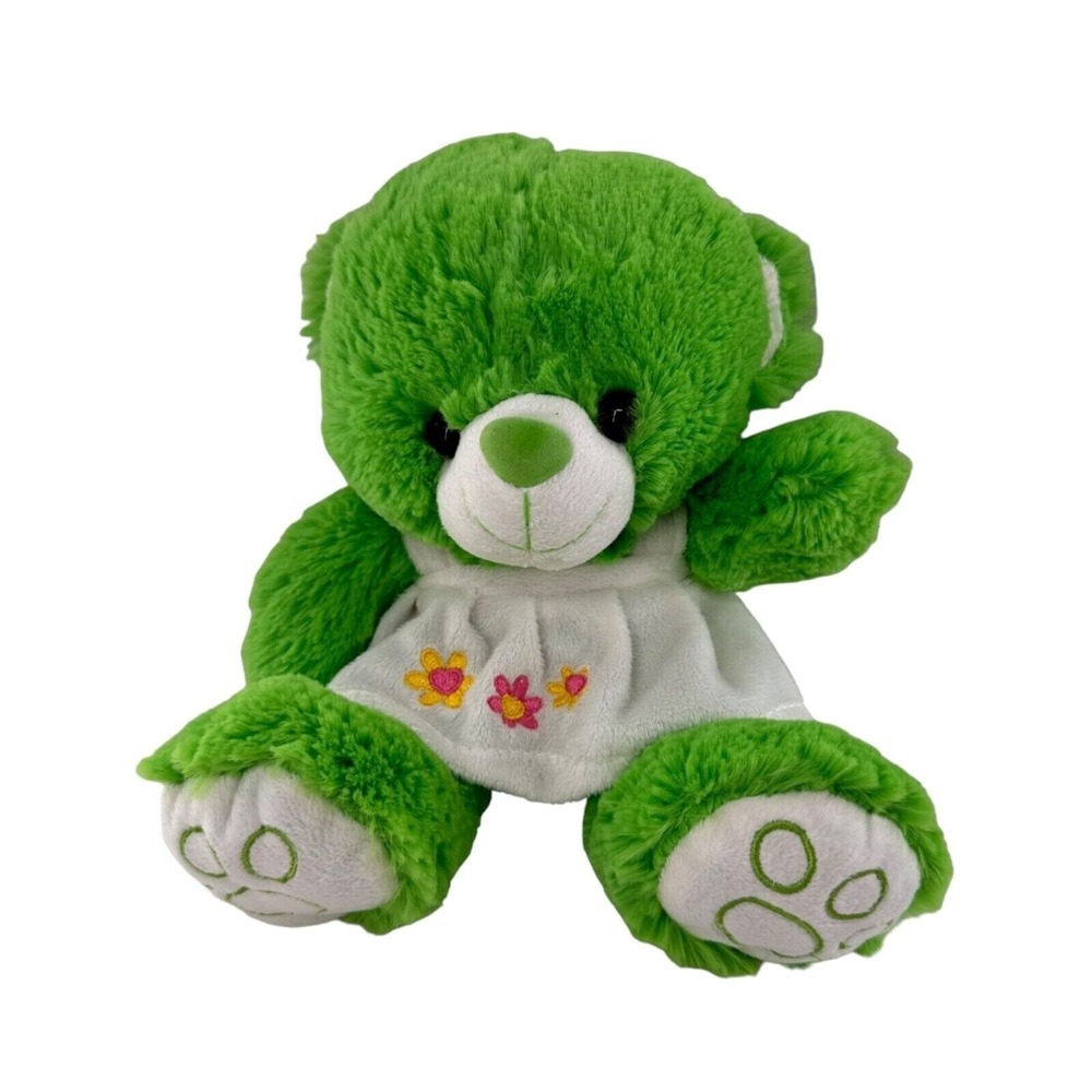 Attico Int Green Plush Teddy Bear White Dress Embroidered Flowers‎ 10 Inches